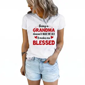 Cotton Blessed Grandma Inspirational Quote Print Womens Plus Size Casual T Shirt Gray With Red Lettering Relaxed Fit Round Neck Machine Washable Golf Gift T-Shirt For Men And Women