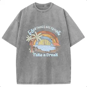 Holafish Oversize Acid Wash Vintage Good Vibes Tropical Graphic T-Shirt, Retro Beach Casual Daily Tee, Heavyweight Cotton Streetwear Unisex Crewneck Tshirt summervibes