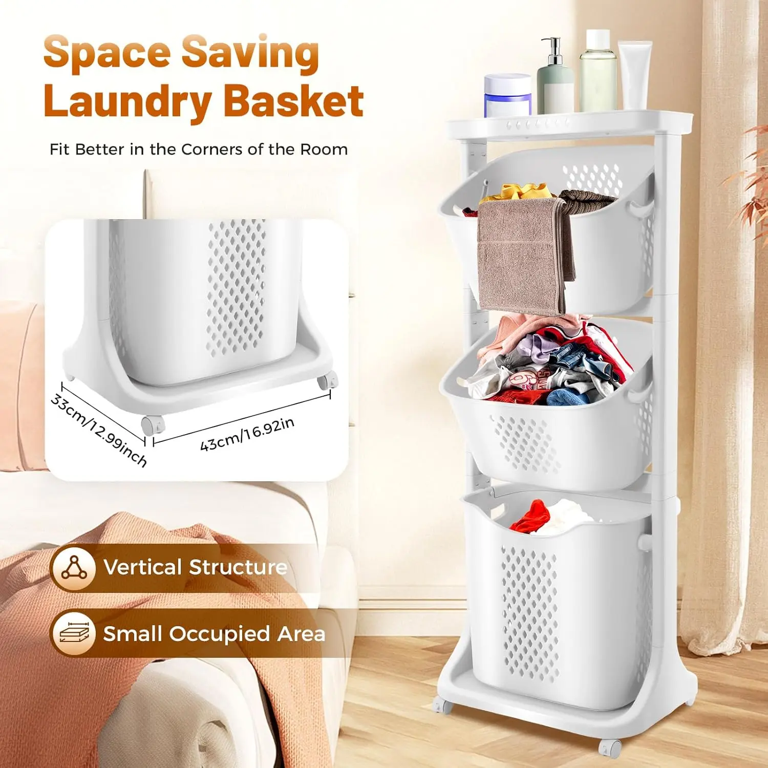 3-Tier Wheeled PP Laundry Basket Organizer, Durable Polypropylene Rectangle High-Capacity Storage Rack, 16.92x12.99x42.91in, 33Lbs Total Load, 360° Brake Wheels, Hollow Design for Bathroom Bedroom Clothes Storage