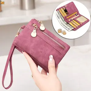 Women Retro Mini Wristlet Wallet Pocket Book Shape Zipper Coin Pocket Card Slots ID Window Snap Closure Compact Wallet Cash Card Document Storage Minimalist Clutch for Daily Use Beige