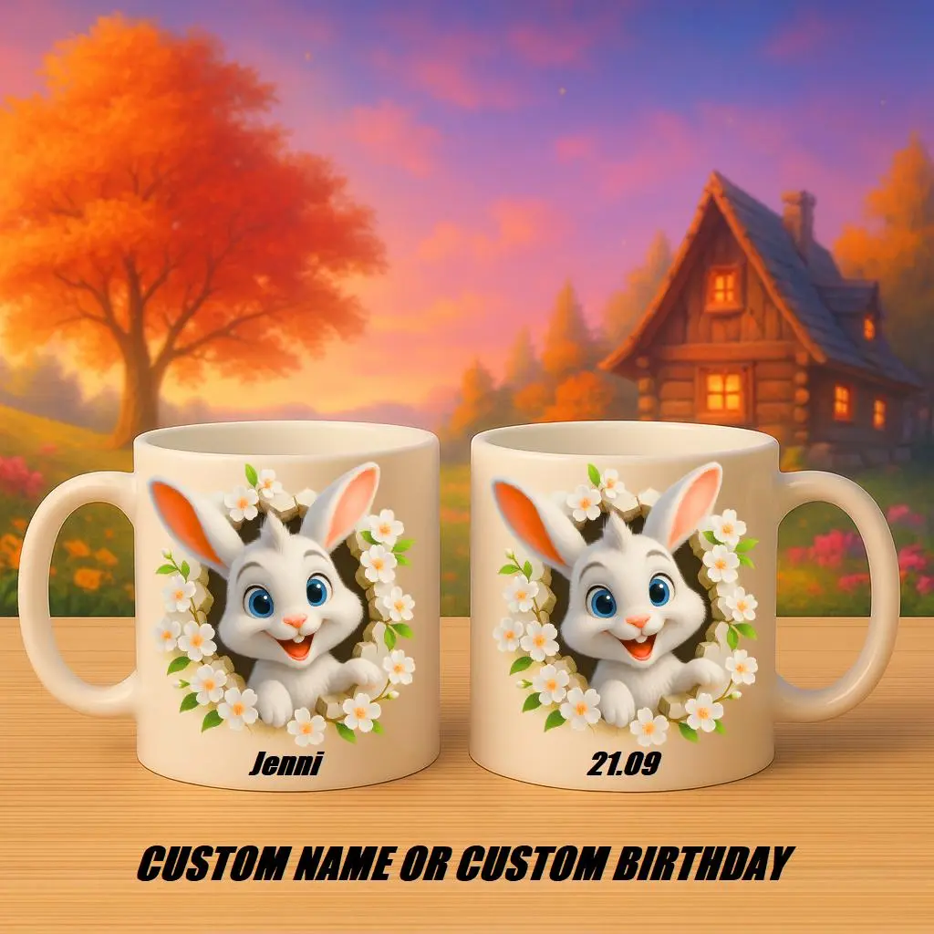 Personalized Bunny Mug with Custom Name or Date, Cute Rabbit Floral Design Ceramic Coffee Cup, Unique Custom Drinkware for Home, Office and | Gifts for Kids | Home Decor | Hot Chocolate | Drinks | Novelty Gifts | Office Mugs |