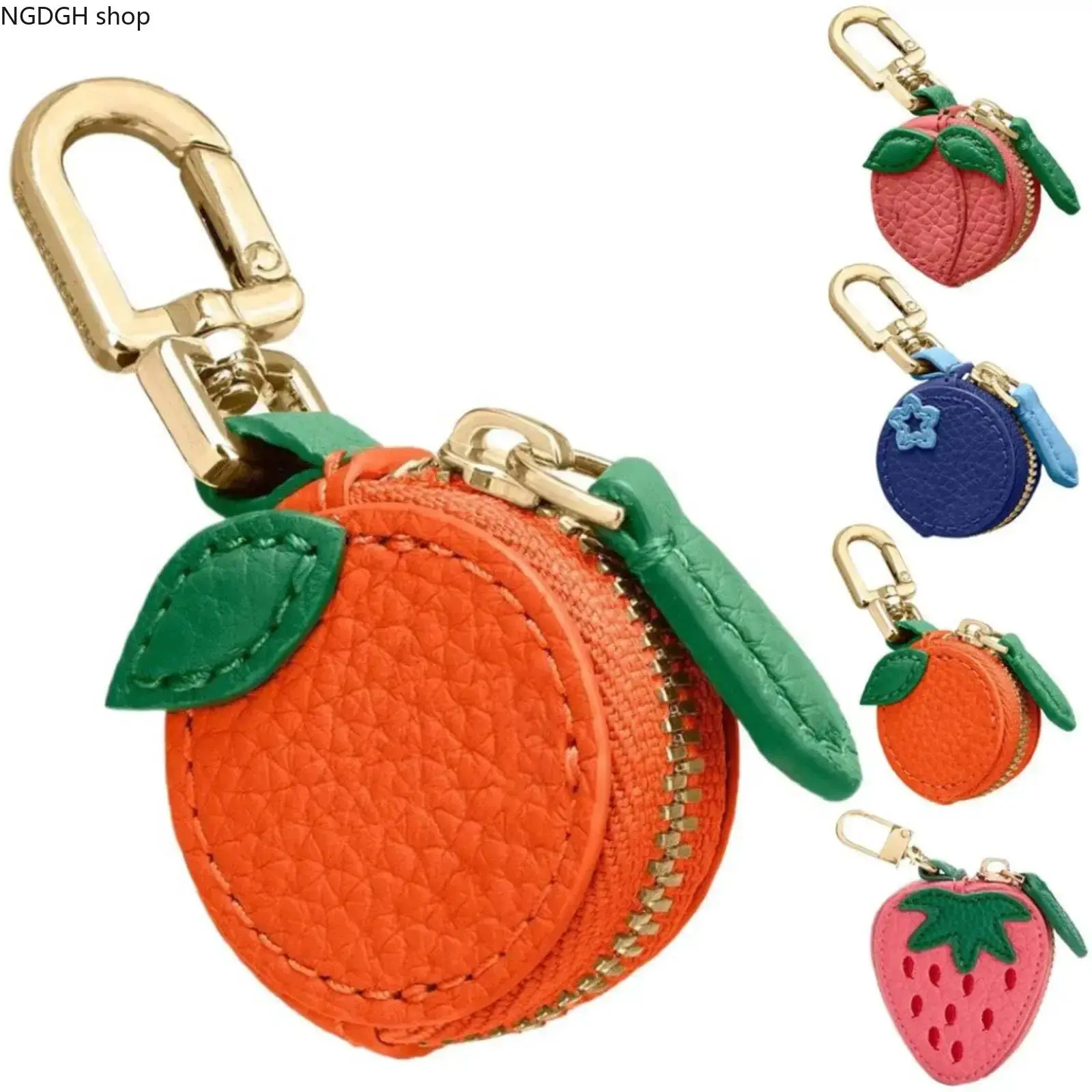 Cute Citrus Fruit Key Ring with Leaf, Textured Faux Leather Mini Coin Purse, Zippered Pouch & AirTag Holder, Halloween Gift Keychain