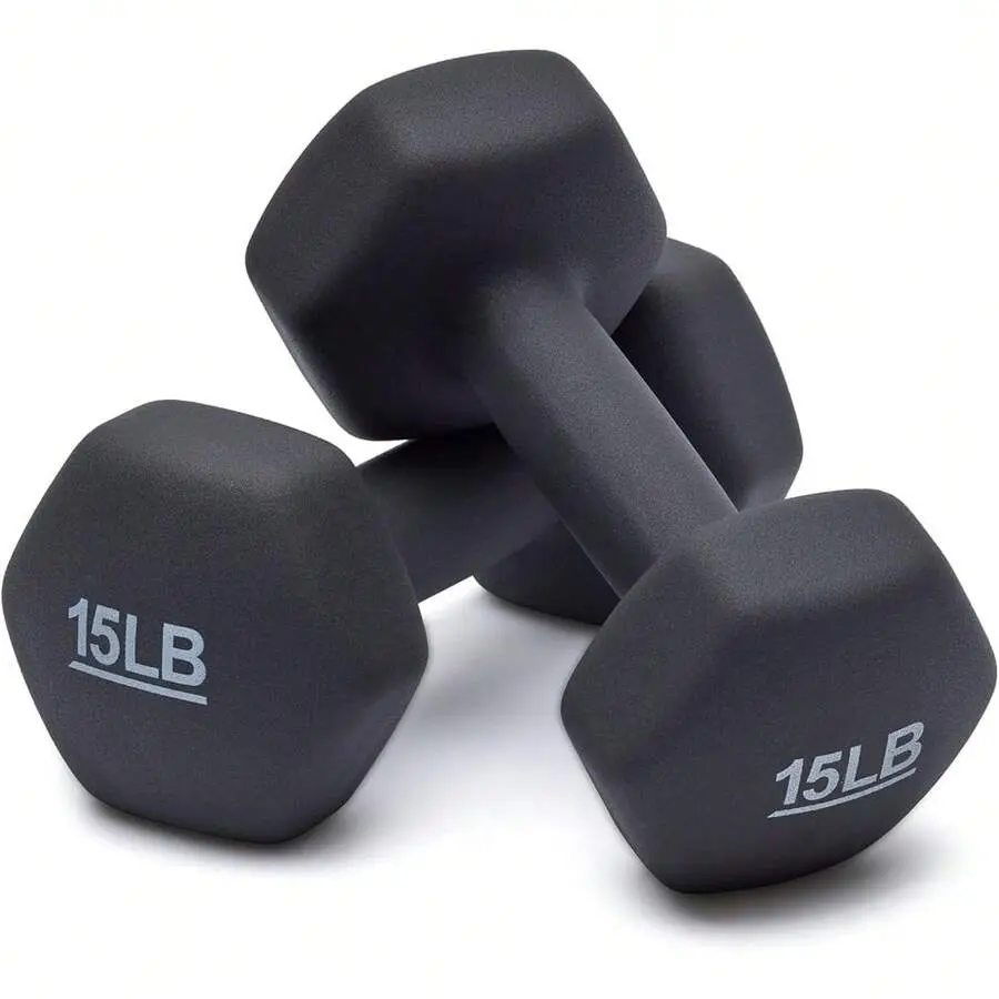 Hexagonal Neoprene Dumbbells, 15 lb Set of 2, Cast Iron Strength Training Equipment with Non-Slip Grip for Upper Body Workouts, 15 Pounds, A Pair