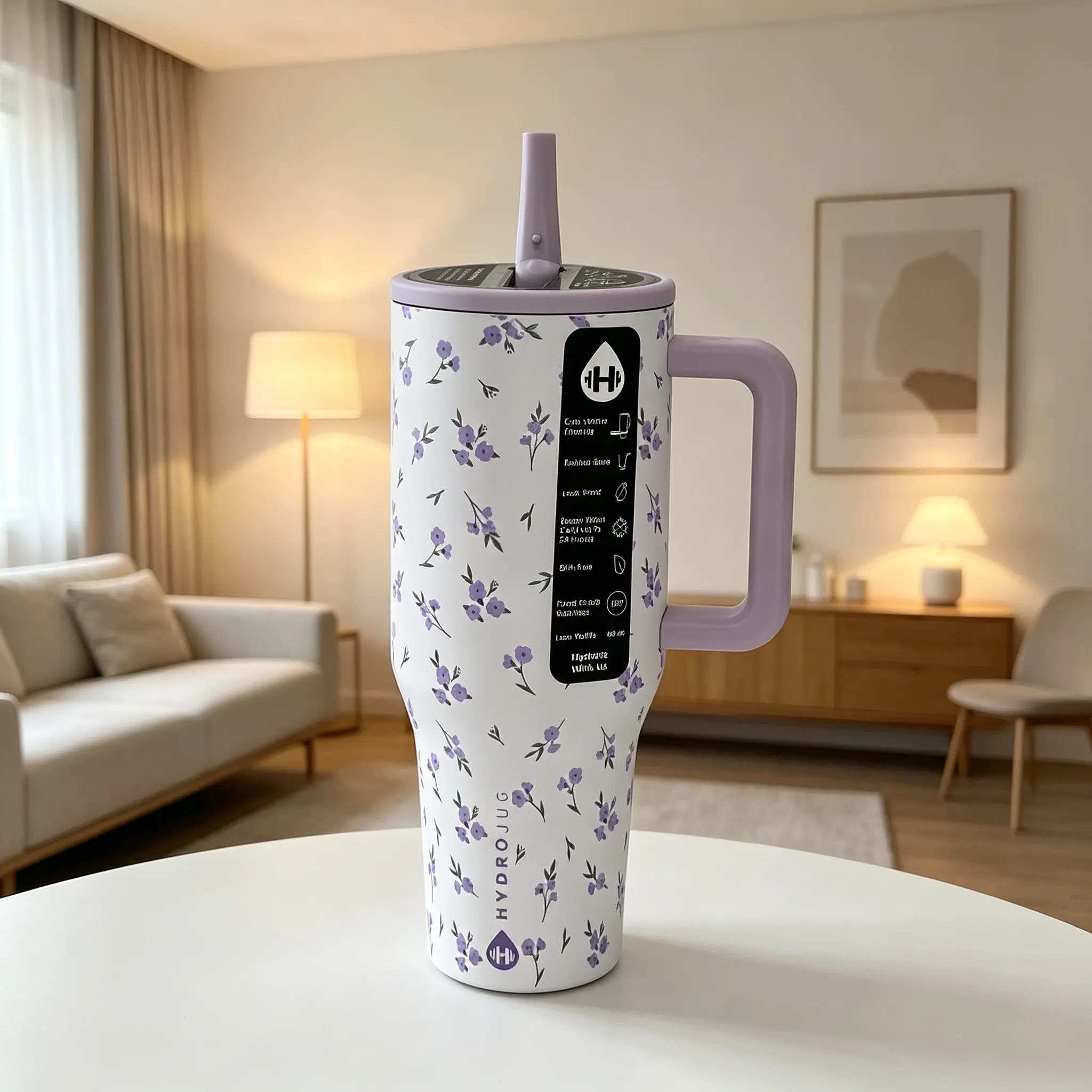 HydroJug 40oz Purple Floral Stainless Steel Insulated Water Bottle, BPA-Free, Built-in Straw, Cup-Holder Compatible, Keeps Drinks Hot & Cold, Ideal for Daily Commute, Kitchenware Drinkware Vacuum Flask Gift Option