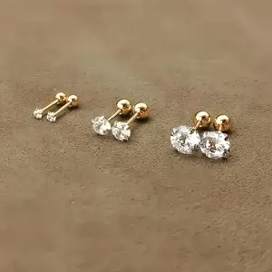 Titanium Steel Gold Plated Cubic Zirconia Earrings, Three Pairs Four-Claw Twisted Ball Stud Earrings for Women, Simple Daily Jewelry Gift Set