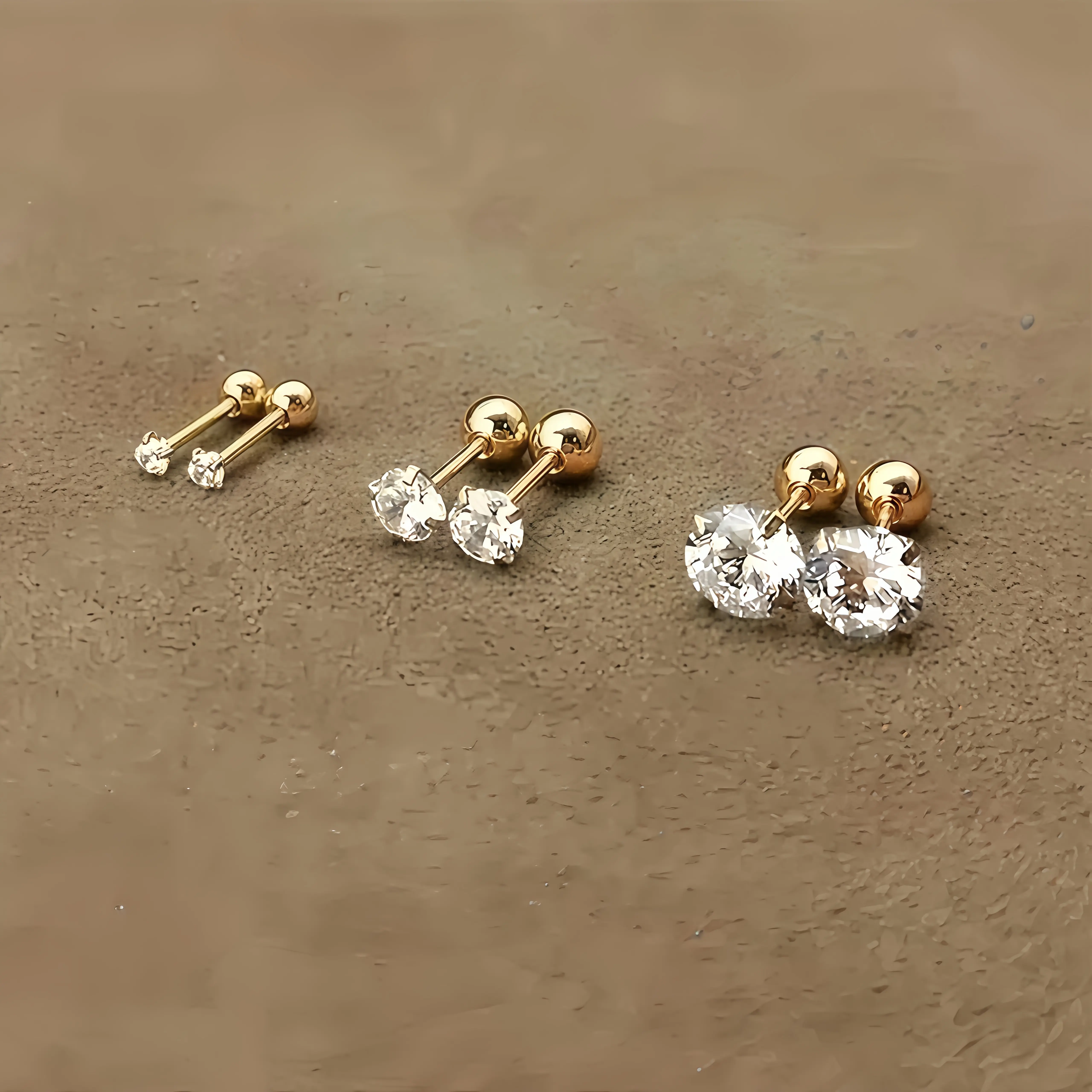 Titanium Steel Gold Plated Cubic Zirconia Earrings, Three Pairs Four-Claw Twisted Ball Stud Earrings for Women, Simple Daily Jewelry Gift Set