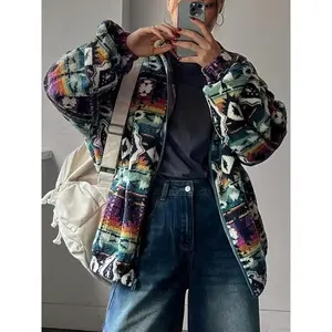 Women’s autumn–winter ethnic-style printed loose long-sleeve jacket with colorful patterns, suitable for casual everyday wear; women’s clothing
