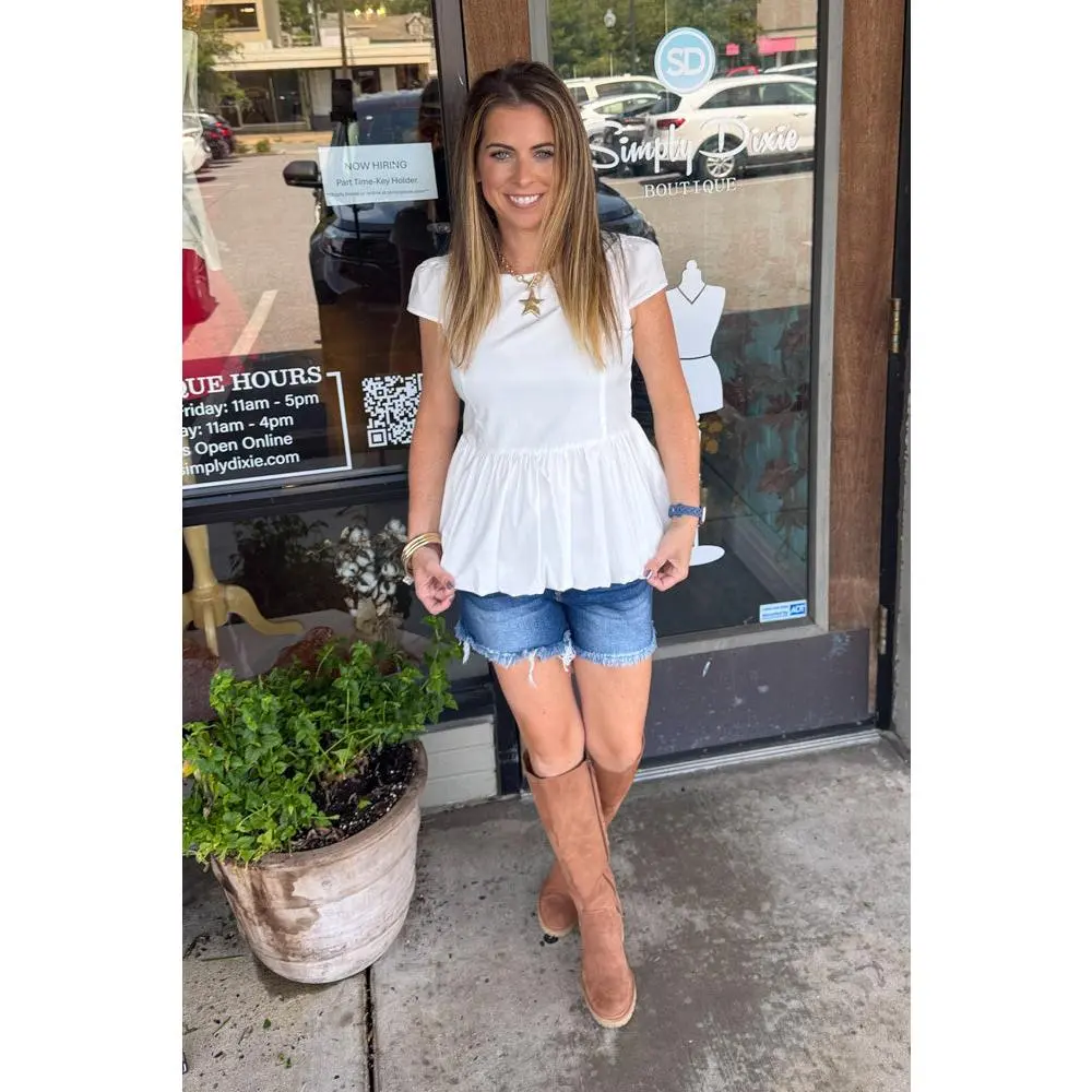 Women's Cotton Peplum Short Sleeve Top - Gathered Poplin Fabric, Bubble Hem, White, Short Sleeve Tops, Peplum Tops