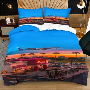 Urban Vista Themed Duvet Cover Set，Including 1 Duvet Cover and 1 Or 2 Pillowcases (Excluding Quilt and Pillow Inserts)，Suitable For People Who Enjoy Airplane and Airport Elements, Yearn for Sunshine and Freedom, and Enjoy Traveling and American Culture