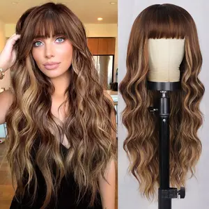 AISI HAIR Women's Heat Resistant Synthetic Full Machine Wig, Long Wavy Brown Mixed Blonde Ombre Wig with Bangs, Natural Realistic,summerwins