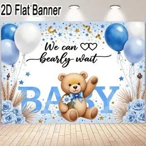 2D flat banner, 1pcFestive Teddy Bear Baby Shower Banner - Adorable Announcement Decorations Featuring Cute Brown Bear, Blue Bow Tie, Balloons, and Playful 'We Can Beary Wait' Phrase, Perfect for Celebrations and Baby Parties, Cheerful Blue and Gol