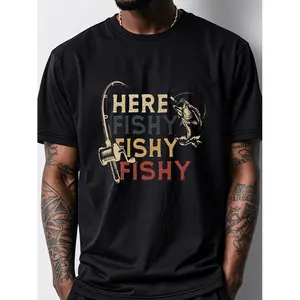 1pc Here Are Fish Fish Fish Pattern Oversize T-shirts for Men | Black Crew Neck, Casual Soft 100, Breathable Moisture Wicking Quick Drying, Short Sleeve, All-season Fit