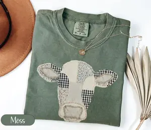Comfort Colors Faux Patchwork Cow T-Shirt, Quilted Farm Animal Head Tee, Gingham Floral Rustic Cow Lover TShirt, Cottagecore Farmhouse Gift