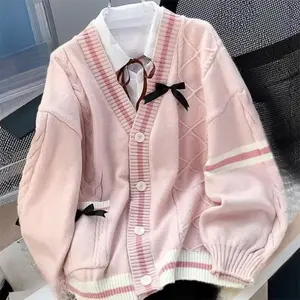 2025 Women's Casual Sweet Bow Cardigan Autumn Winter Japanese Classic Preppy Style Knitted Coats Y2K Vintage Contrast Color V-Neck Tops