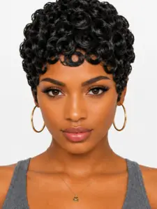 Vrz Women's Short Curly Bob Wig, 100% Brazilian Human Hair, Glue-Free Full Mechanism Natural Hairpiece, Brazilian Hair Wigs