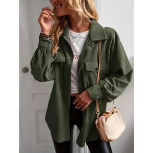 Women's Solid Button Front Corduroy Coat, Casual Long Sleeve Collared Outerwear for Daily Wear, Ladies Fall & Winter ClothesRAIMENTRY