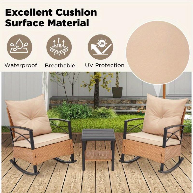 Patio Rattan Rocking Chairs Set of 3, Outdoor Dining Chairs with Cushion and Coffee Table, Patio Rocker Chair Set for Porch and Backyard Beige