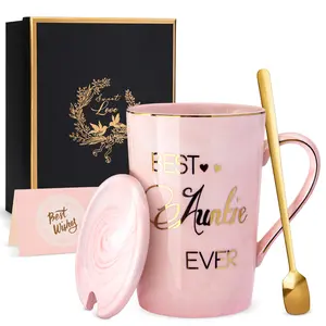 Doublewhale Mother’s Day Aunt Gifts from Niece Nephew Best Aunt Ever Gift Mug Happy Birthday Valentine's Day Gifts for Auntie Marble Ceramic Auntie Coffee Mug Gifts Box Printed Gold 14 Oz Pink