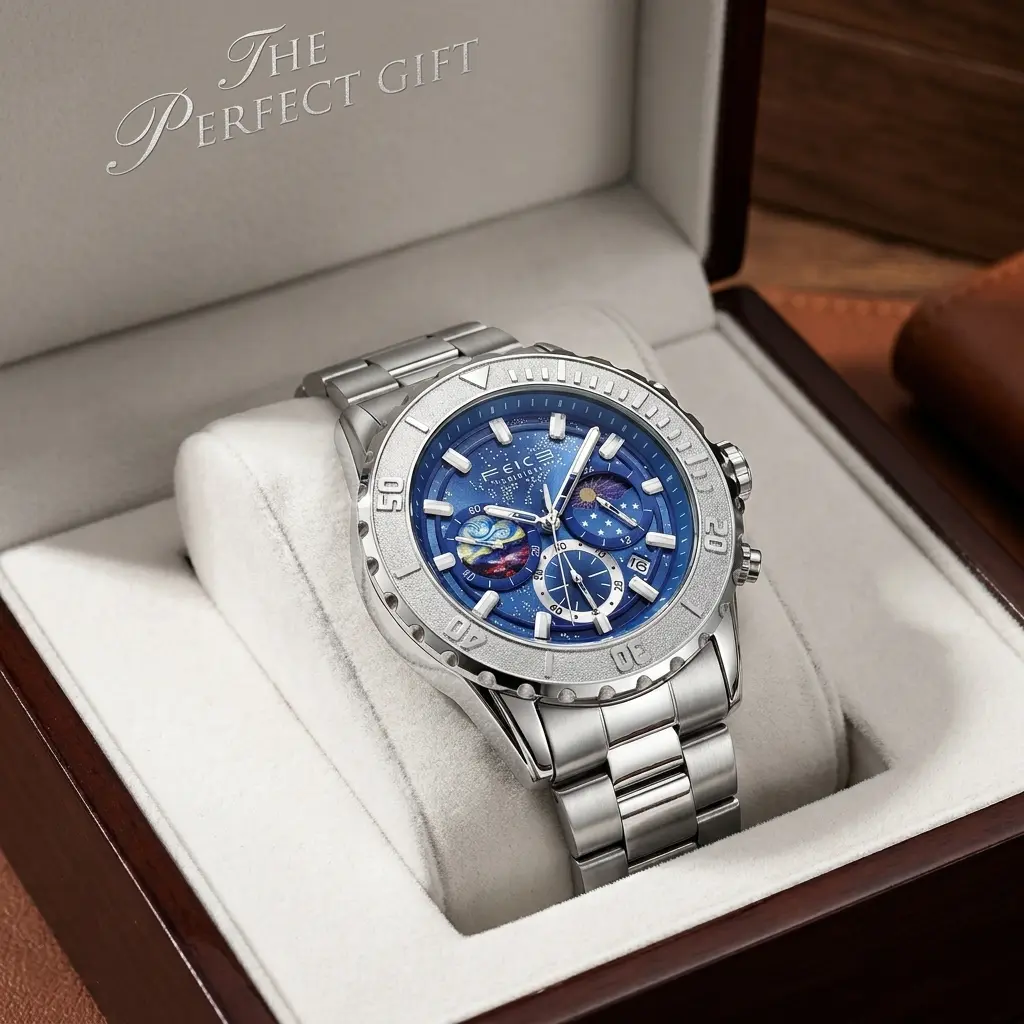 FEICE Men's Analog Metallic Steel Quartz Watch - Silver Stainless Steel Clasp Bracelet, Artistic Face, Chronograph, Date Display, 30M - 50M Water Resistant, Mineral Glass, Calf Skin Alternative Strap Option, Leather, Masculine Design Quartz Watches, 45Mm,