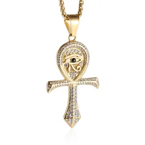 HZMAN CZ Eye of Horus Egypt Protection Pendant Coptic Ankh Cross Religious Stainless Steel Necklace Cuban Link Chain