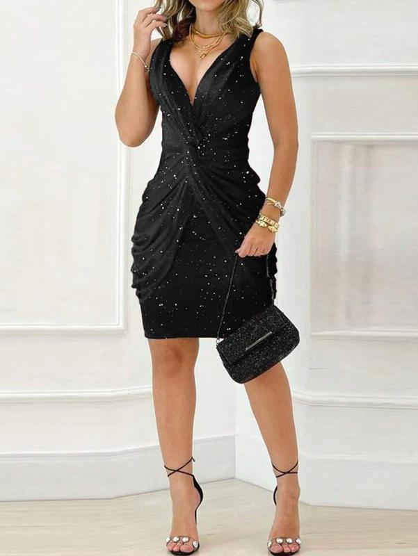 Glitter Sleeveless Twist Design V Neck Slim Fit Sexy Party Mini Dress For Women Black Contrast Sequin Bodycon Knee Length