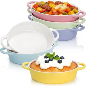 6 Pack 20 oz Oval Au Gratin Baking Dishes with Handles, Porcelain Casserole Dish Single Serving Ramekins for Oven & Microwave Cooking and Baking, 7.2" x 5.5", Oven Safe Roasting Lasagna Pan