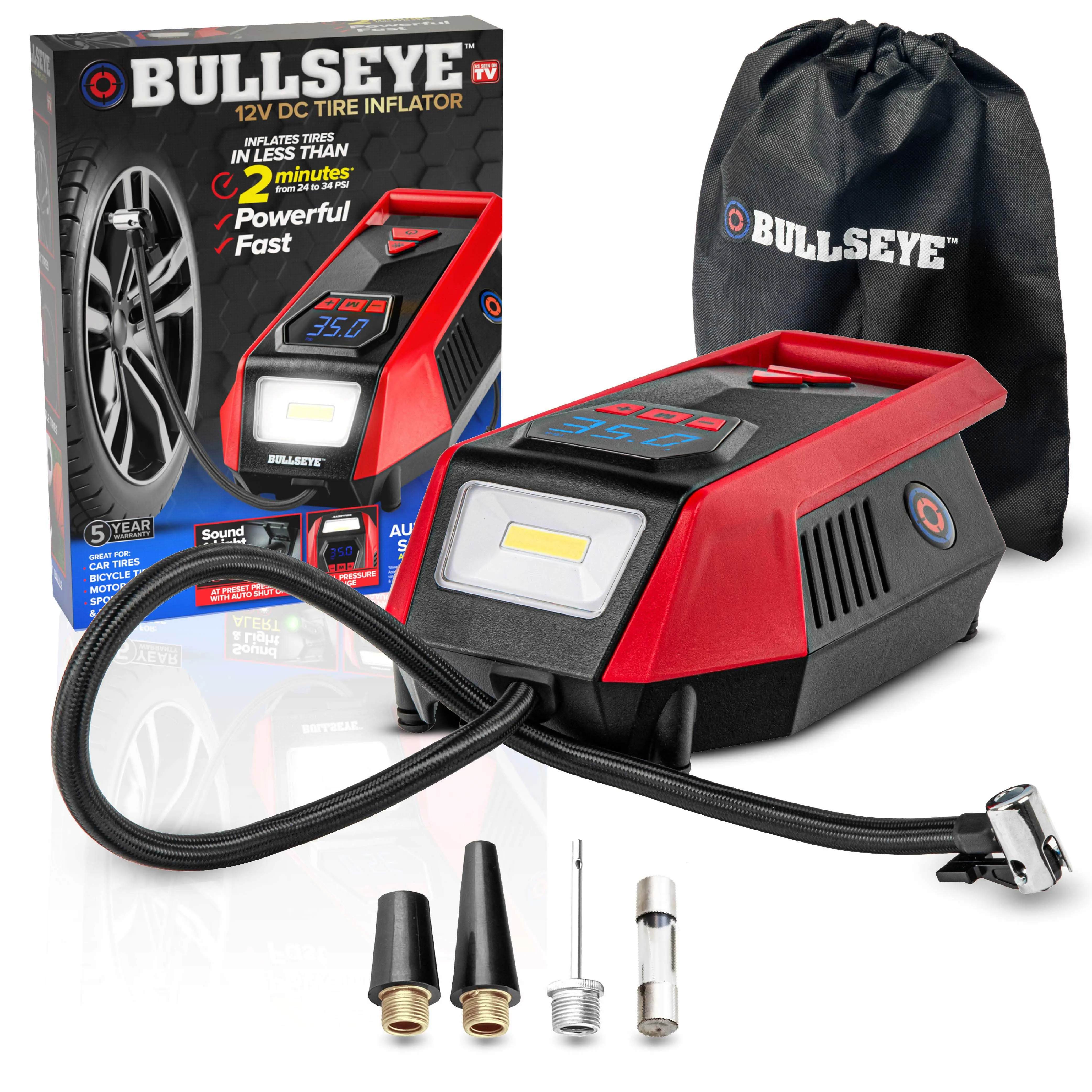 Bullseye 12V DC Tire Inflator - 150 PSI Handheld Tire Inflator with Digital Pressure Gauge, Sound and Light Alert Bullseye 12V DC Tire Inflator - 150 PSI Handheld Tire Inflator with Digital Pressure Gauge, Sound and Light Alert
