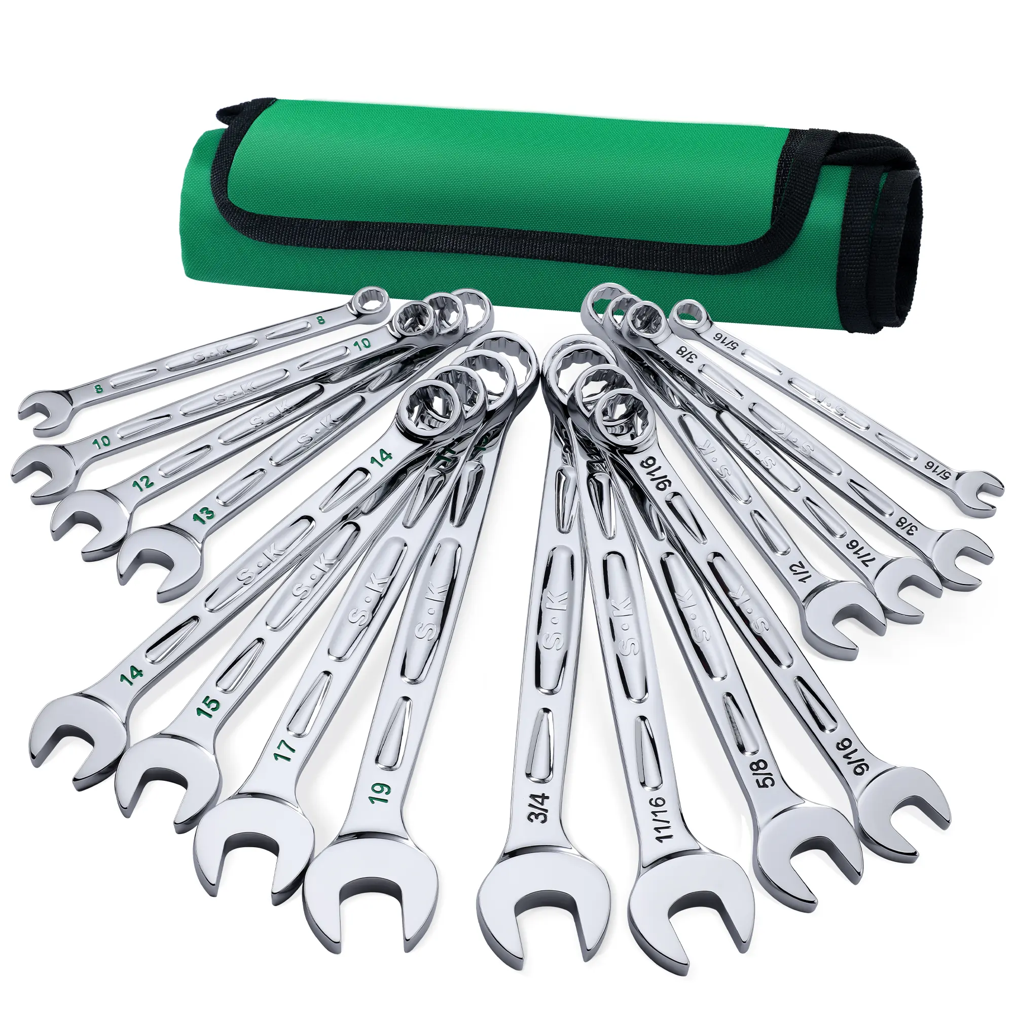#fathersdaygift SK Combination Wrench Set, SAE & Metric, SuperKrome Finish, Premium CR-V Construction, with Rolling Pouch