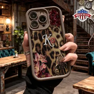 Stylish Leopard Floral Monogram Design Case for iPhone 17 16 15 14 Pro Max 13 12 11 XR XS Plus Air Slim Shockproof Anti Drop Protective Lightweight TPU Cover