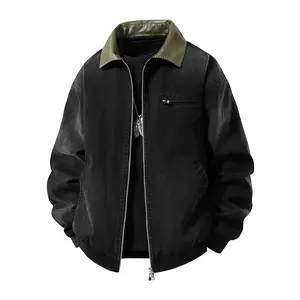 Men’s Patchwork Contrast Color Lapel Jacket, Vintage Workwear Style, Loose Fit, Versatile Casual Top