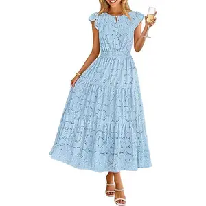 MEROKEETY Women's Summer Lace Eyelet Maxi Dress 2026 Spring Casual Boho Flutter Sleeve Tiered Flowy Beach Vacation Dresses