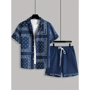 Men'S Summer Suit Featuring a Blazer-Style Short-Sleeve Shirt with a Paisley Print, Paired with Casual Drawstring Shorts And Side Pockets, Perfect for Home Wear.