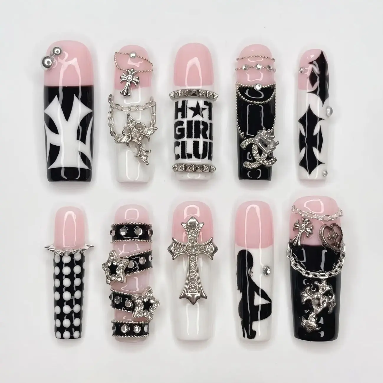 Pink Punk Press On Nails, Handmade Square Fake Nails | 3D Silver Cross, Chain, Star & Studs | Hot Girl Y2K Gothic Nail Art