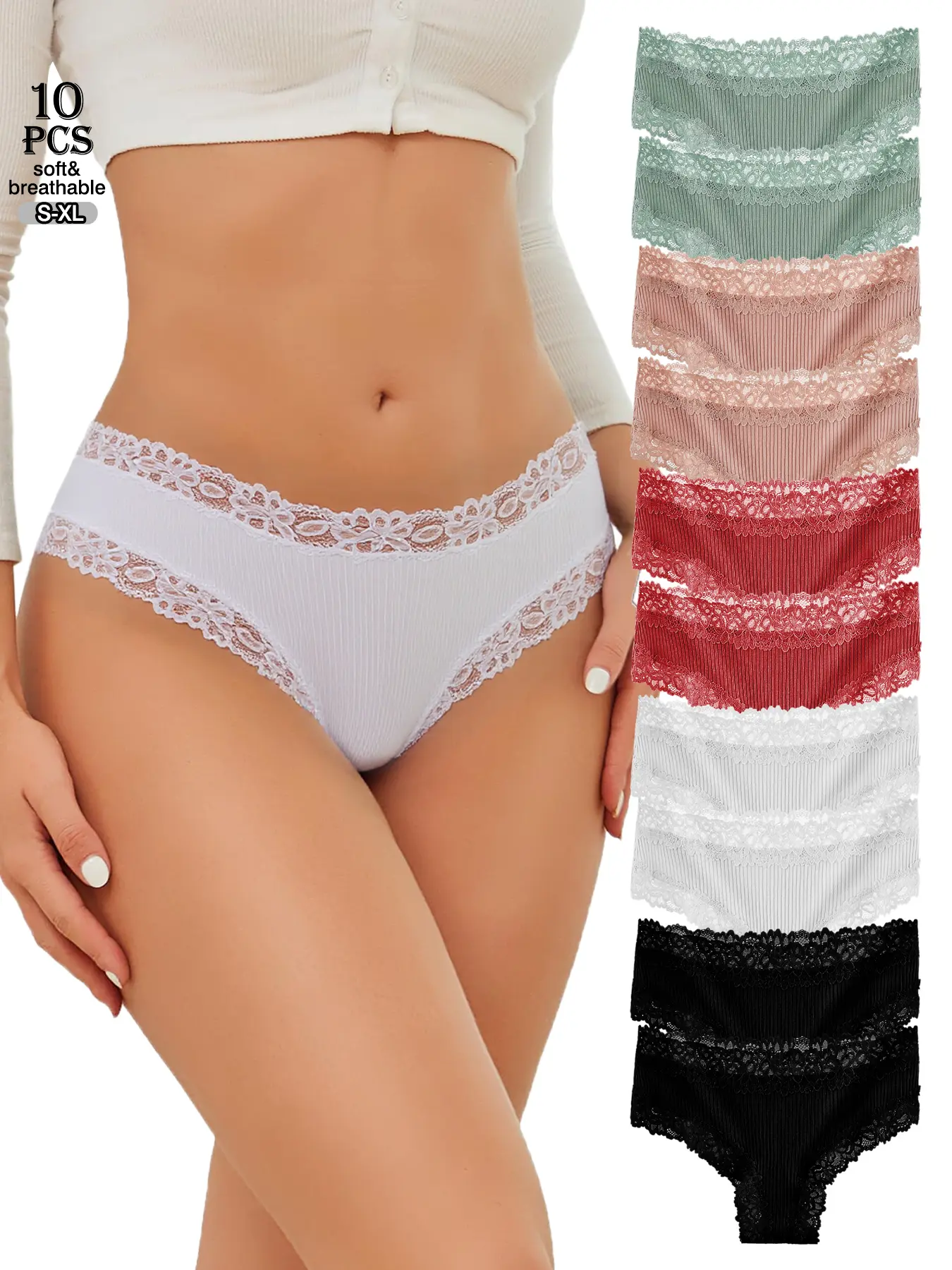 Women's 10-Pack 95% Cotton Brief Panties, Chic Lace Floral Minimalist Bridal Underwear, Breathable Knit Comfortable Panties for Women, Size S-XL