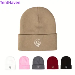 Korean Style Knitted Beanie with Melted Face Embroidery, Soft Cozy Warm Winter Cap for Casual Streetwear, Beanies