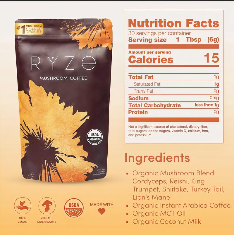 3 piece RYZE Mushroom Coffee USDA Organic with 6 Adaptogenic Mushrooms and MCT Oil BT, USA Grown Instant Coffee for Better Energy, Focus,Digestion, lmmunity with Turkey Tail, Shiitake,Lion's Mane, 30 Servings