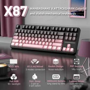ATTACK SHARK X87 Mechanical Keyboard Tri-mode Connection Gasket 3/5pin Hot-Swappable 4000mAh Big Battery Smart Power Saving Ergonomic Design