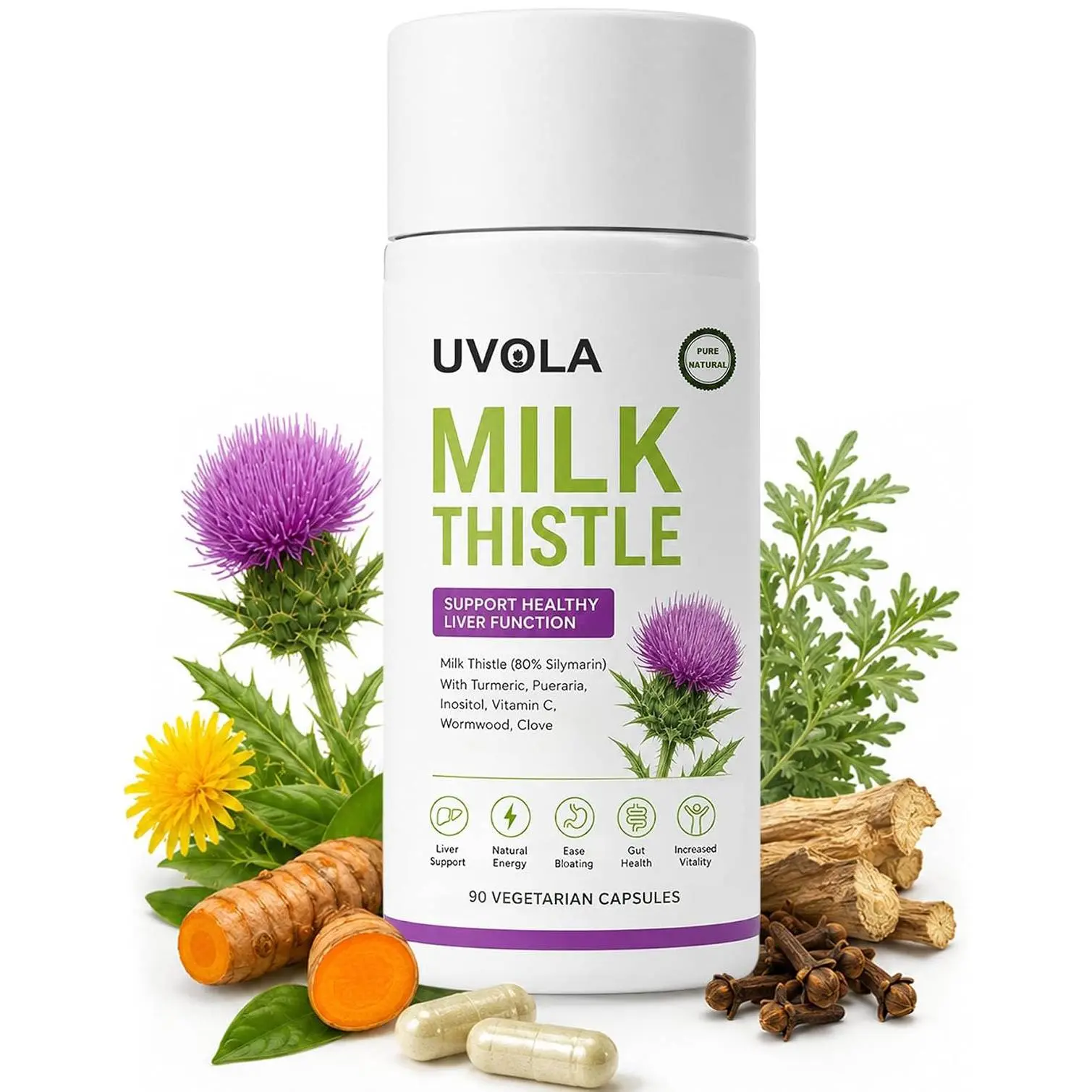 Uvola Milk Thistle Supplement, 80% Silymarin Liver Support Formula, Ease Bloating, Gut Health, Increased Vitality, 90 Capsules (1PC)