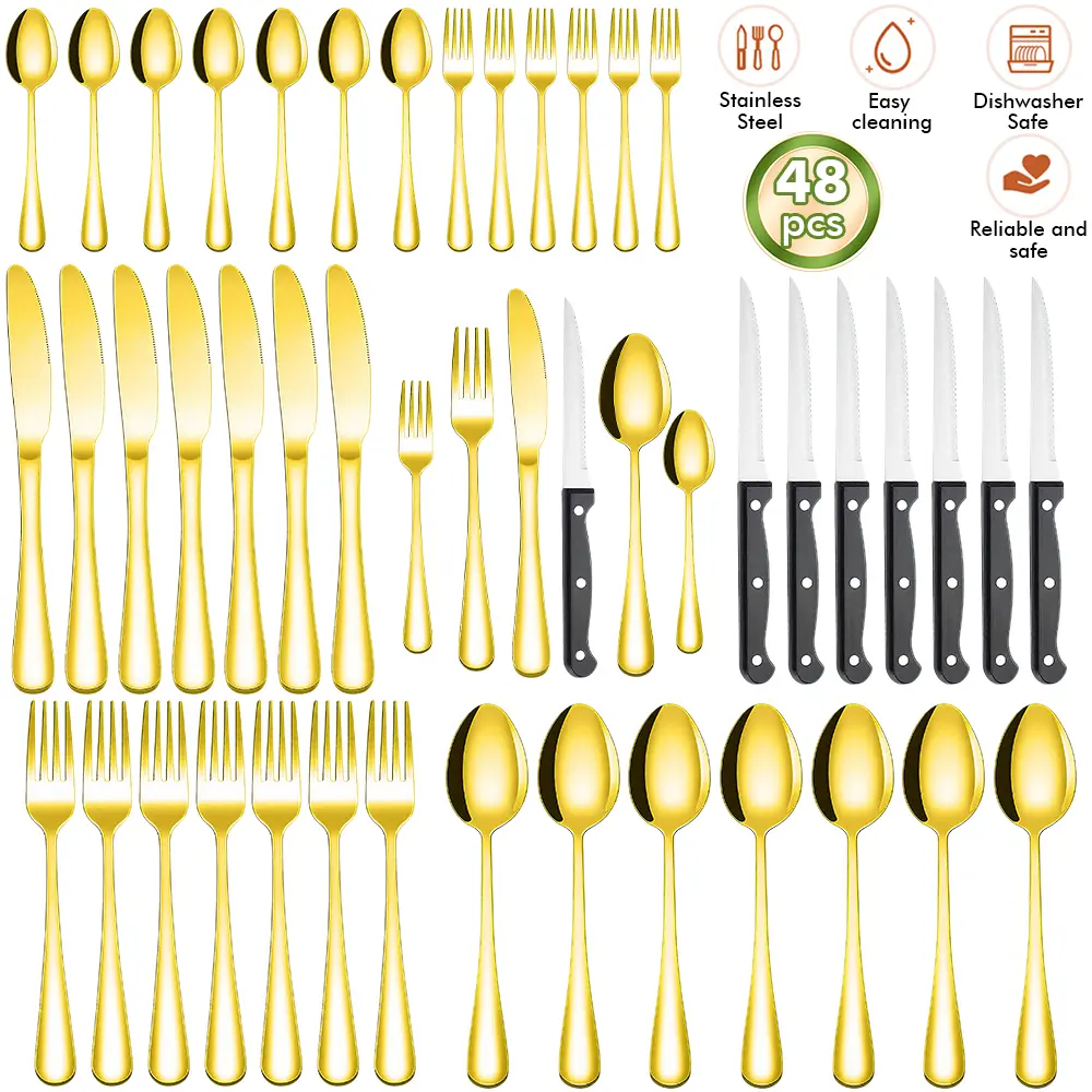 48 PCS Stainless Steel Cutlery Set, Gold Titanium Plated Flatware Set for 8-10, Kitchen, Party, Wedding Use#DealsForYouDays, Tableware Sets, Cutlery Tableware