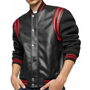 MotorCycleJackets Mens Black with Red Stripes Leather Jacket