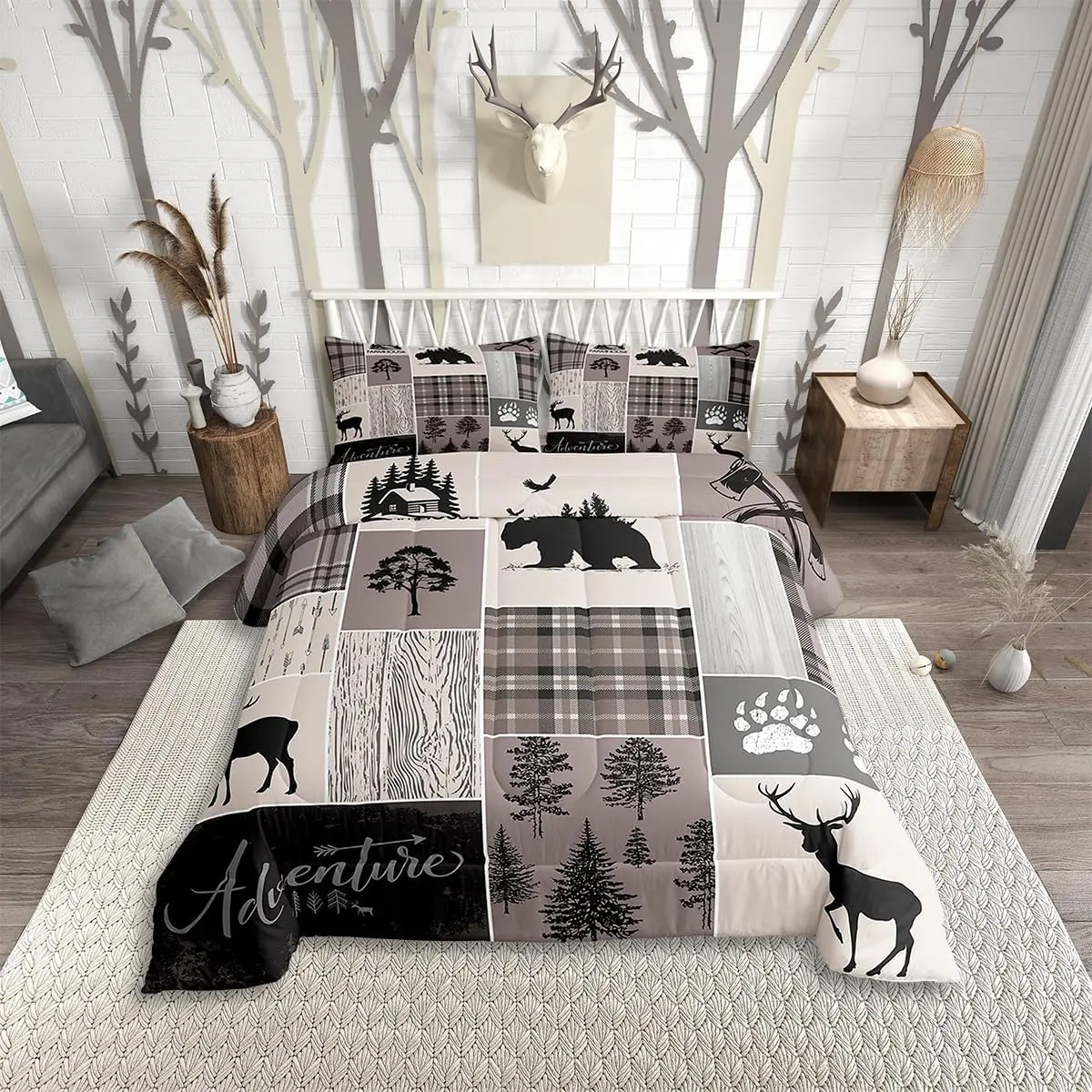Feelyou Rustic Patchwork Quilt Set Bedding - Polyester Fiber All-Seasons Woodland Theme Set with Bear, Deer Animals, Travel-Friendly Duvet Insert, Machine Washable, Queen & Multi-Size for Teens