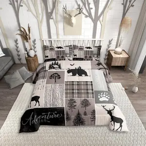 Feelyou Rustic Patchwork Print Bedroom Bedding Set - Polyester Decorative Bedding Set, Multi-Size Buffalo Plaid Comforter with Bear Deer Woodland Wildlife Duvet Insert for Teens