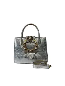 Pre-owned miu miu Lady Metallic Silver Lizard Embossed Jewel Buckle Bag