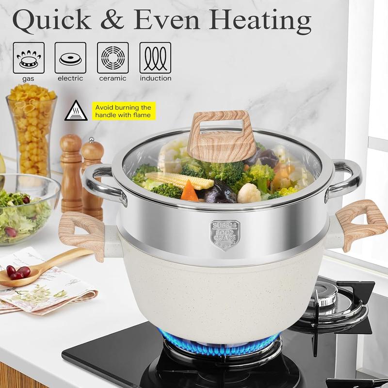 SODAY 17/12 Pcs Pots and Pans Set Non Stick, Kitchen Cookware Sets White Granite Nonstick Cooking Set with Frying Pans, Saucepans, Steamer,Nonstick Pots with Glass Lid (NO PFOS, PFOA),Kitchenware,stock up on specials,New Year Sale, gifts