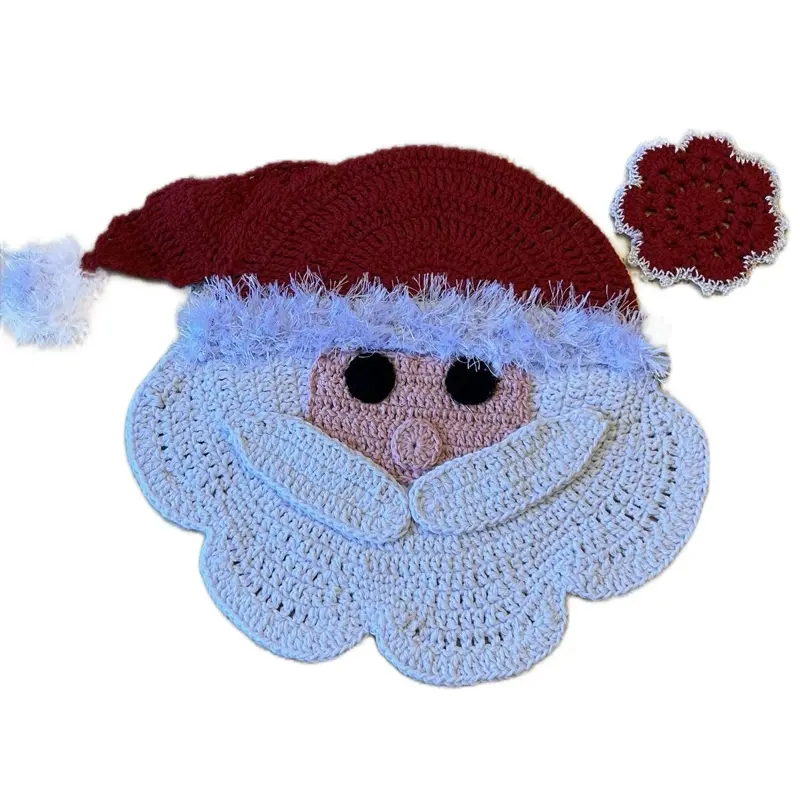 Peres & Co. Handcrafted Crochet Christmas Placemat - Santa Claus Red & white Circular Design with Scalloped Edges for Festive Table Settings