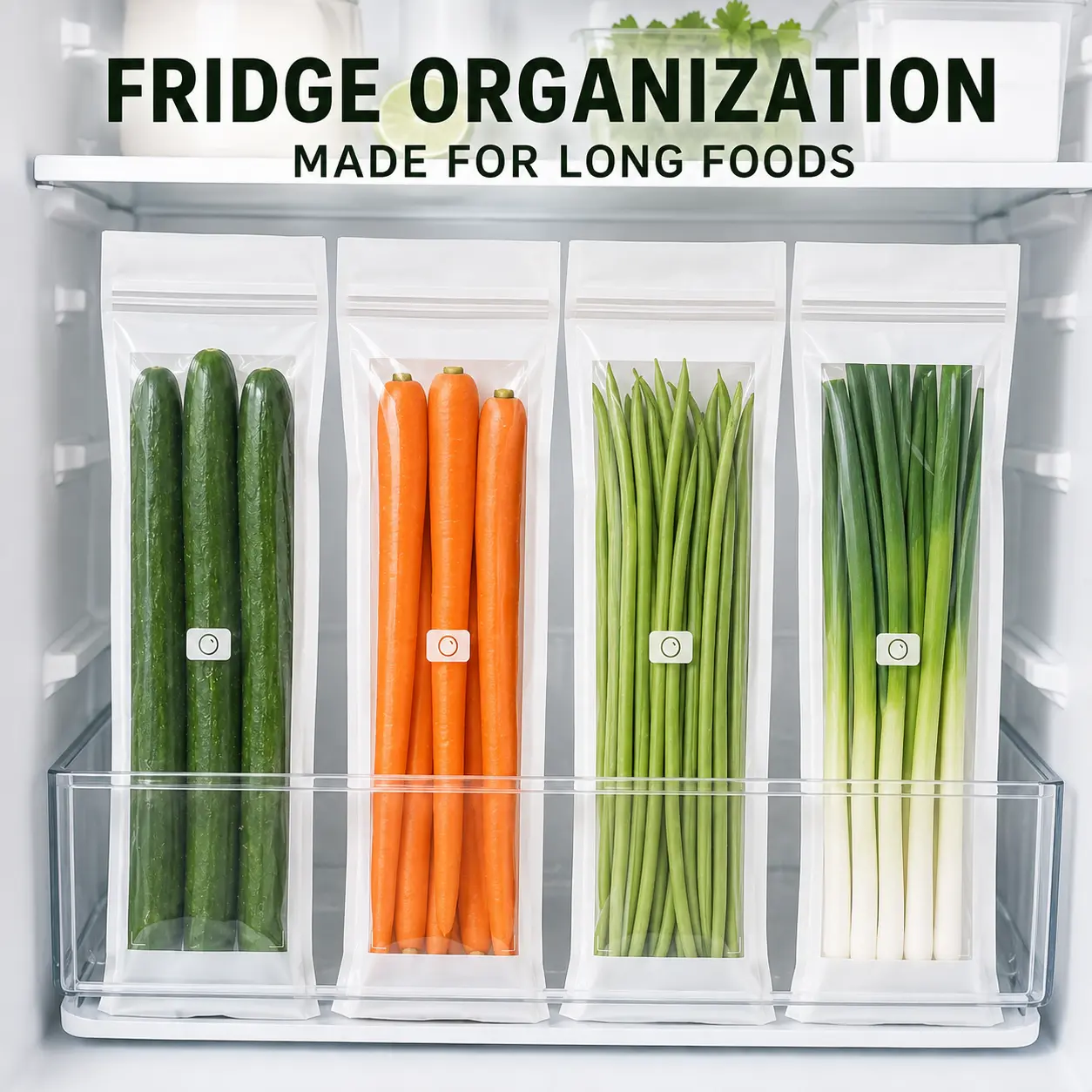 Long Vegetable Food Storage Bags, Resealable Double Zip Produce Storage Bags, Clear Stand Up Fridge Organizer Bags for Refrigerator Kitchen Storage, Cucumber Green Onion Carrot Green Bean Fresh Keeping Bags, 12 x 31 cm