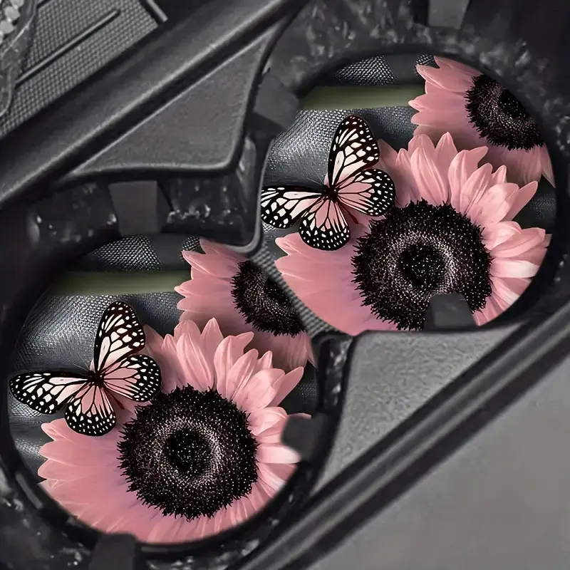 2pc Romantic Pink Sunflower Car Cup Holder Coasters, Elegant Monarch Butterfly Car Coasters, Absorbent Rubber Anti-Slip Auto Cup Mat, Trendy Aesthetic Car Decor Girl Gift