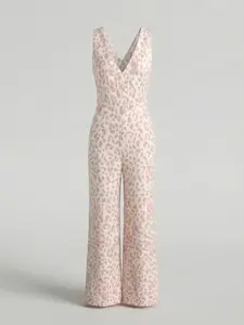 Women's Boho Chic Summer Lightweight Pink Leopard Print Jumpsuit, Sleeveless V-Neck Wide Leg Flattering Fit, For Vacation Beach Resort Wear