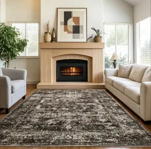 Aesthetic Vintage Faux Wool Throw Rug, Ultra Cozy 0.3 Inch Low Pile Non-Slip Indoor Carpet, Trendy Neutral Tone Floor Mat for Bedroom Bedside Kids Room Home Office