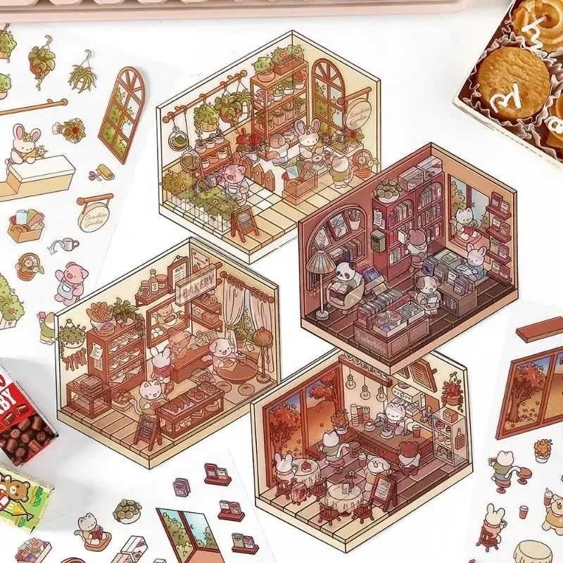 4PCS Small Size Scene Sticker Set , Opening Today Vol.1, 3D mininature sticker